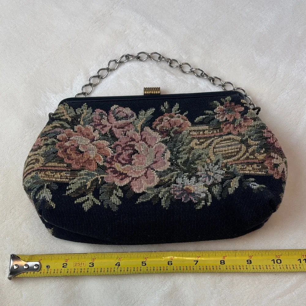 Vintage Needlepoint Floral Tapestry Evening Bag - Black and Pink w/gold hardware
